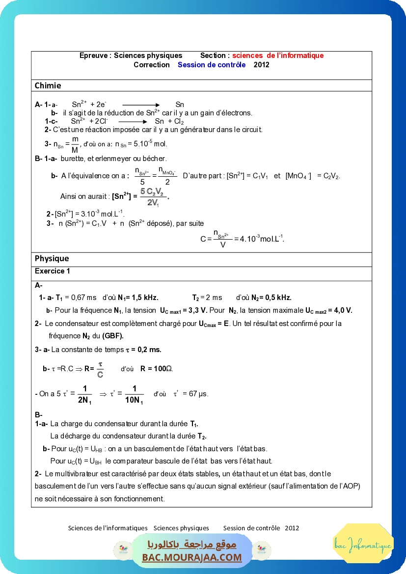 Corrigé controle physique Bac 2012 – Section info